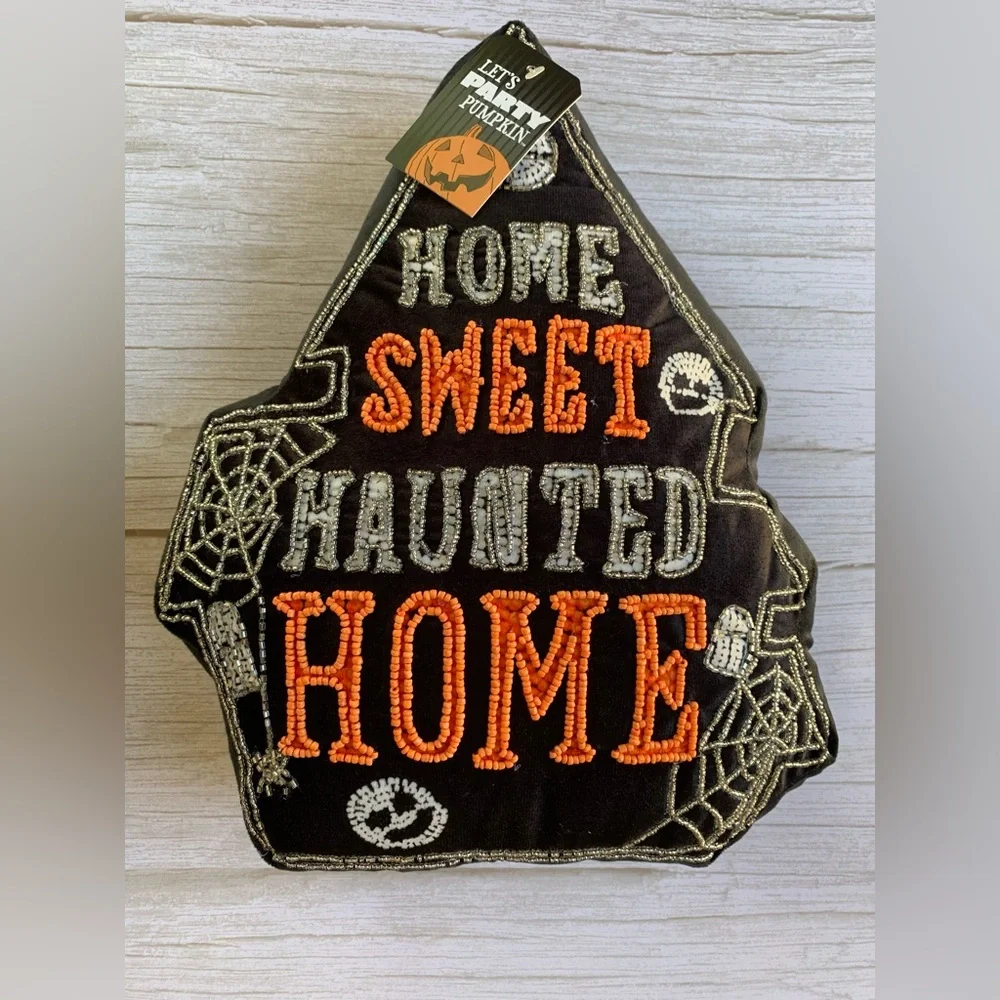 Halloween Decor Pillow Home Sweet Haunted Home Beaded Black/Orange- NWT